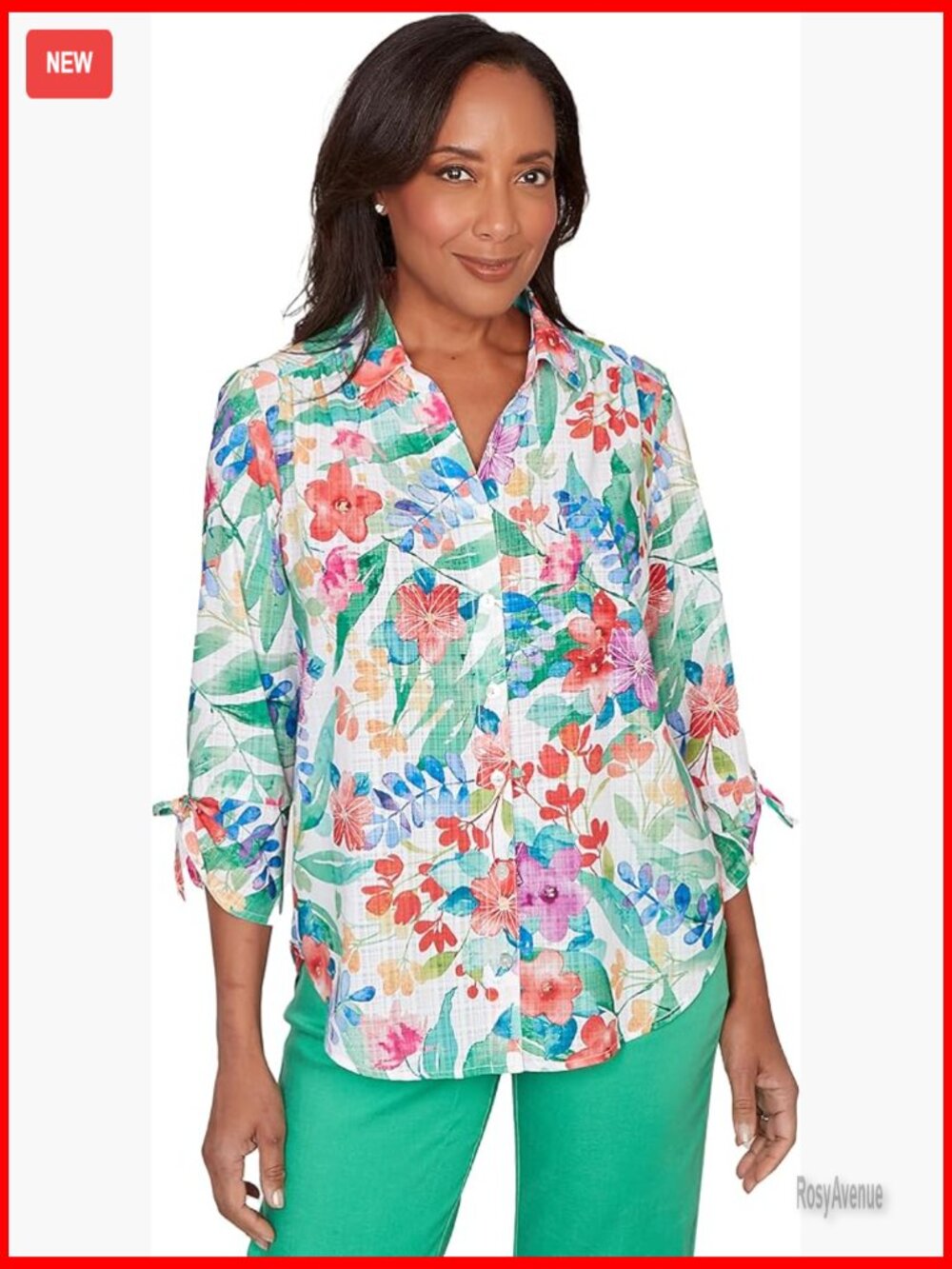 Tropical Print Tie Sleeve Button Front Blouse - Plus Size